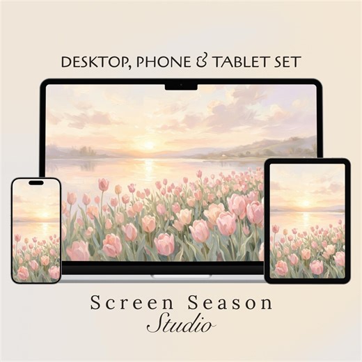 Pink Tulip Field Desktop Wallpaper Bundle | Pastel Spring Lake View Desk Setup | Dreamy Floral iPad & Phone Background - Etsy