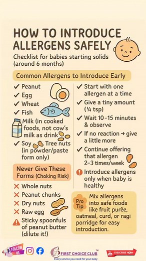Starting solids soon? Here’s how to introduce allergens safely — without stress! Every mom needs this allergy-safe feeding guide 👶💛 SAVE this for your weaning journey!” ⸻ Introducing allergens can feel scary — but when done correctly, it’s safe, simple, and hugely beneficial for preventing future food allergies. Here’s your How to Introduce Allergens Safely Checklist for babies starting solids (around 6 months): ⸻ 🌾 Common Allergens to Introduce Early ✔ Peanut ✔ Egg ✔ Wheat ✔ Fish ✔ Milk (in