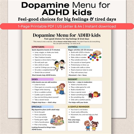 ADHD Kids Dopamine Menu, Self Regulation Tool (PDF Download, US Letter & A4 Sizes) - Etsy