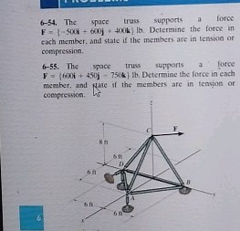 6-54. The space truss supports a force \mathbf{F}=\{-500 \mathr... | Filo