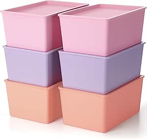 Menkxi 6 Pcs Storage Bins with Lids Small Plastic Storage Containers Stackable Storing Baskets Box Cute Organizer Bins for Organizing Shelves (Pink,Purple,Orange)