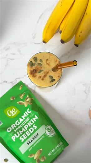 2.4K views · 102 reactions | Sip into cozy season  This fall smoothie is packed with bananas, pumpkin spice, dates, and Go Raw Pumpkin Seeds for a craveable, crunchy twist. | Go Raw | Facebook