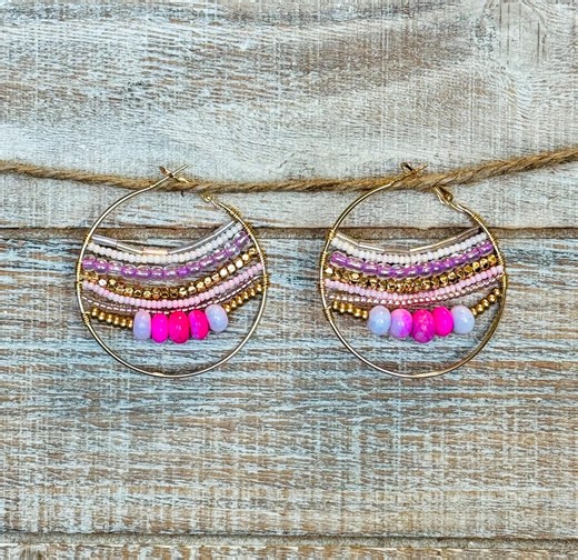Beaded Hoop Earrings | Gold & Pink | Spring Break | Wire Wrapped | Boho | Beach Inspired - Etsy