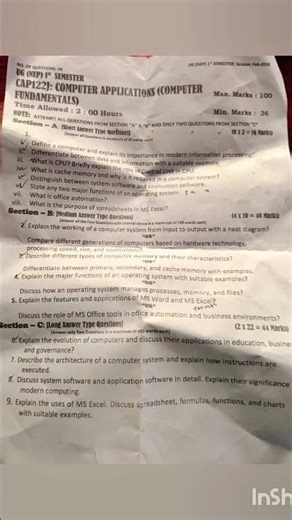 kashmir university paper 2026 IST SEMESTER major computer applications #kashmiruniversity #exam.....