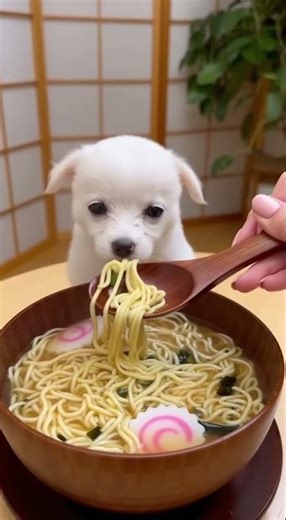 Soup time cute puppy dog eating noodles
