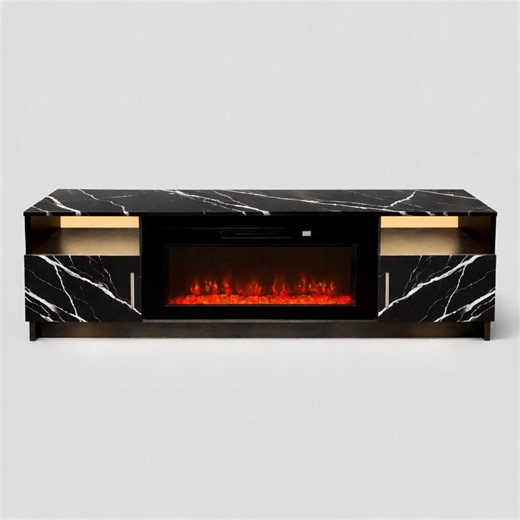 Modern Black Marble Fireplace TV Stand | 70" Entertainment Center Console - Etsy