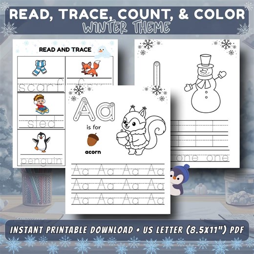 Winter Alphabet & Counting Worksheets | A-Z, 1-10, Tracing Pages | Holiday Tracing Words - Etsy
