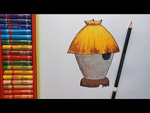 how to draw a storehouse or granary. Very easy for kid. Oil pastel colours drawing