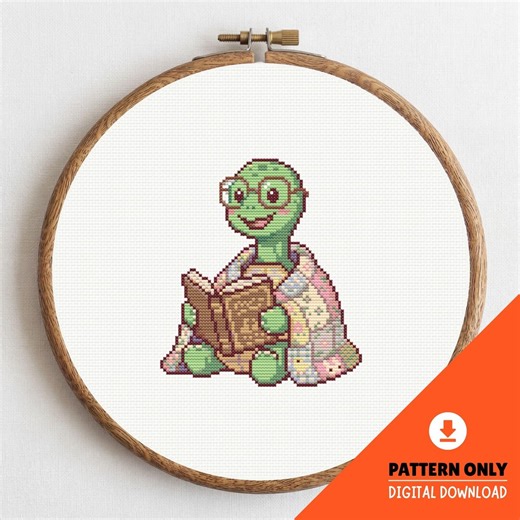 Turtle Reading Book Cross Stitch Pattern PDF, Cottagecore Animal, Beginner Friendly Digital Download - Etsy