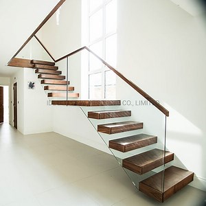 [Hot Item] Simple Interior High-End Design Wood Step Hidding Stringer Staircase Floating Stair with Frameless Tempered Clear Glass Railing