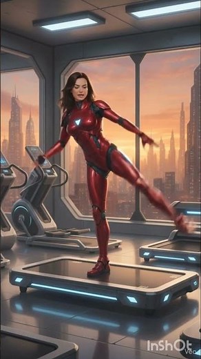 "Futuristic Robot Trainer: AI-Led Treadmill Workout in Sci-Fi Gym"