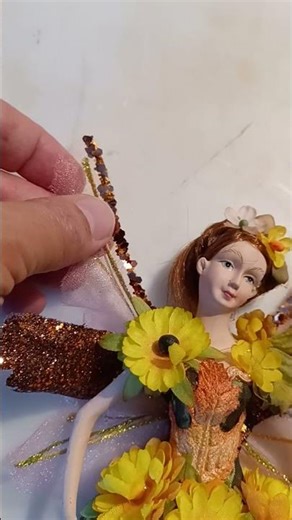 Vintage Autumn Fairy Figurine – Woodland Pixie Elf with Sunflowers & Leaf Wings