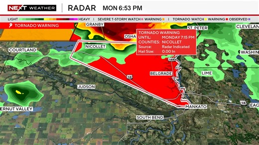 ⚠️ NEXT Weather Alert: Tornado Warning for Nicollet county until 6/16 7:15PM. If you are in the warning area, put as many walls between you and the storm as possible. TAKE COVER in a basement, or interior room or closet on the lowest level of your home. Avoid windows. If you are outdoors, in a mobile home, or in a vehicle, move to the closest substantial shelter and protect yourself from flying debris. Learn more at wcco.com/weather | WCCO & CBS News Minnesota