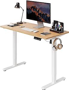 Shintenchi Electric Height Adjustable Standing Desk, 48 * 24 Inchs Stand Up Computer Desk, Sit Stand Work Desk for Home Office with Splice Board, (White Frame + Walnut Top)