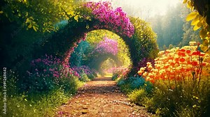 A beautiful pathway lined with vibrant flowers leads to a hidden archway in a lush forest garden