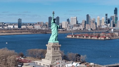 Liberty Statue At Jersey City In New Jersey United States. Democracy Symbol. Downtown New York. Liberty Statue At New Jersey United States. Manhattan Cityscape.
