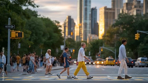 Pedestrians crossing a busy intersection guided by smart crosswalk panels, embedded lights responding to foot traffic and improving safety in high-density areas. cinematic color correction, natural