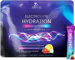 Electrolytes Powder Packets, Sugar Free Hydration Recovery Powder with Potassium, Magnesium, Sodium, Zinc & Vitamin C, Sugar, Hydration Electrolyte Liquid Drink Mix, Vegan, Strawberry Lemon (32 Pack)
