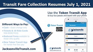 Reminder: Jacksonville Transit fare collection will resume this Thursday, July 1, 2021 following 15 months of fare-free ridership. Also starting Thursday, riders will be able to purchase Transit tickets conveniently with the Token Transit app via mobile devices. Learn more by calling 910 938-RIDE(7433) or by visiting JacksonvilleTransit.com | Jacksonville North Carolina Government | Facebook
