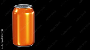 Realistic 360-degree seamless looping spin of the orange aluminum alcohol or soft drink tin can rendered in UHD as PNG RGB ( rgb+alpha ). Transparent background.