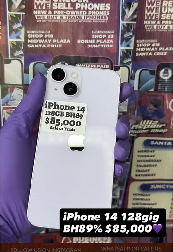 iPhone 14 $85,000 128gig BH89 🌇 Three locations to serve you better! Visit us today! - St Elizabeth (Santa Cruz & Junction) - Manchester (Mandeville)