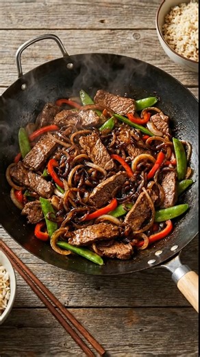 Sauté de bœuf aux oignons caramélisés Ingrédients (4 personnes) 500 g de bœuf tendre (rumsteck, faux-filet ou bavette) 3 gros oignons 2 c. à s. d’huile (tournesol ou olive) 1 c. à s. de sucre ou de miel 2 c. à s. de sauce soja 1 c. à s. de vinaigre balsamique ou de vinaigre de riz Poivre noir (Sel si nécessaire) Préparation Couper le bœuf en lamelles fines (contre le fil). Émincer les oignons. Faire chauffer 1 c. à s. d’huile dans une grande poêle ou un wok. Faire revenir les oignons à feu moyen