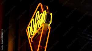 Chips, french fires bright neon light sign, generic downtown district fast food restaurant symbol at night, detail, closeup, nobody, no people. Nighttime, food service, gastronomy business concept