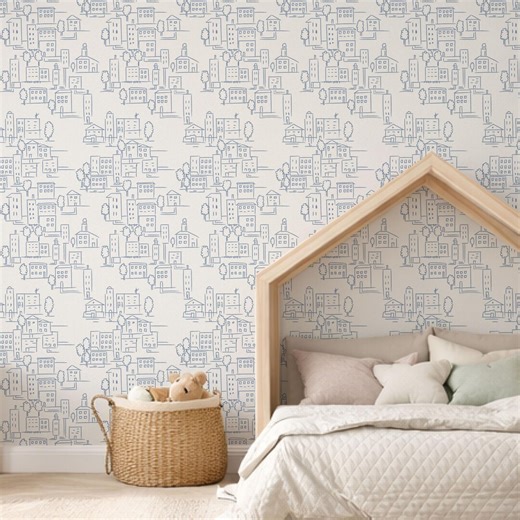 Minimal City Line Wallpaper Peel and Stick Neutral Blue Pattern Wallpaper Scandinavian Nursery Wall Decor Subtle Architectural Design