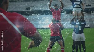 Animation of globe of network of connections over team of diverse male rugby players playing rugby