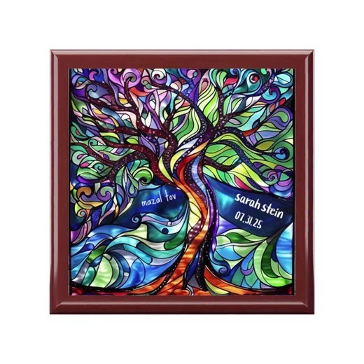 Custom Bat Mitzvah Gift Jewelry Wood Box, Personalized Bat Mitzvah Jewelry Box Tree of Life, Folk Art Print on Ceramic Lid, Premium Wood Box - Etsy