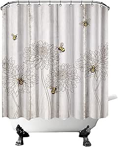 FuShvre Bee Shower Curtain Bumble Bee Floral Bathroom Decor for Farmhouse Honey Bee Bath Curtain Set Waterproof Fabric Hooks Included 72" x 72"