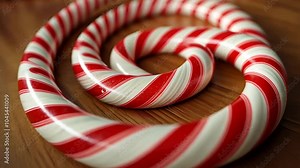 Candy canes arranged in a spiral gradient from white to deep red, perfectly aligned on a wooden holiday table. . Video