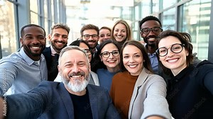 Diverse team of professionals taking a group selfie at a corporate event A large, diverse group of professionals from different ethnic backgrounds are gathered together