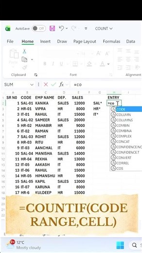COUNT ENTRY CODE WISE code से कैसे entry count कर सकते ह learn power of count function in excel