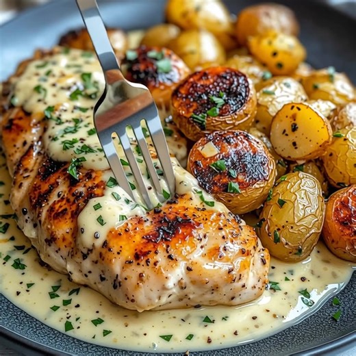 Creamy Garlic Chicken with Roasted Potatoes Juicy chicken coated in a garlicky cream sauce paired with crispy, golden baby potatoes. It’s comforting, flavorful, and sure to satisfy any craving. Ingredients For the Chicken: 4 boneless, skinless chicken breasts Freshly ground black pepper, to taste Salt, to your preference 1 teaspoon garlic powder 2 tablespoons olive oil 4 garlic cloves, finely chopped 1 cup chicken stock 1 cup heavy cream ½ cup shredded Parmesan 1 tablespoon Dijon mustard 1 teasp