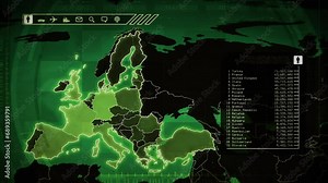 European Map with Countries, Airports, Roads and Railroads. Green. Zoom in from World Map to Highly Detailed Europe map. Chart with Information.