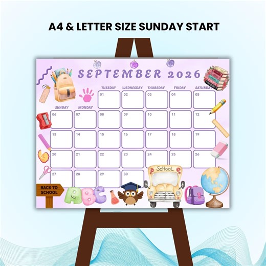 2026 September Monthly Calendar - Cute Printable 2026 Planner for Kids, Home School Work Office Organizer, Printable PDF, Instant Download - Etsy
