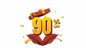 Download discount 90 percent off animation in surprise opening red gift box with golden ribbon and confetti for free
