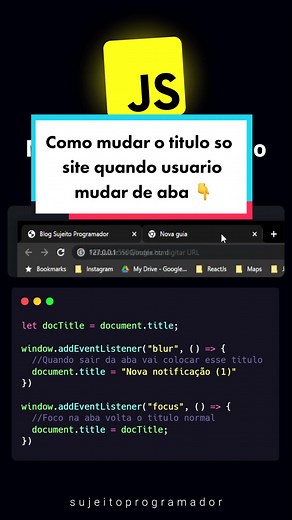Dica do dia com javascript: como podemos mudar o titulo do site quando usuario mudar de aba no navegador 🔥🤘 . . #javascript #reactjs #reactnative #programação #programaçãoweb #engenhariadesoftware #cienciadacomputacao #desenvolvedorweb #engenhariadacomputação