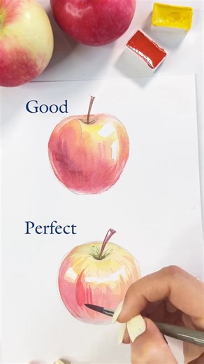 Artsy Eri ♡ on Instagram: "Save how to paint an apple 👆🏻More tutorials in my profile. • Good🍏or perfect🍎? • • • . . . . . . . . . . . . DM for credit or remove #watercolor #акварель #painting #sketch_daily #illustration #иллюстрация #иллюстрацияназаказ #waterblog #мастерклассыдлядетей #бесплатныймк #рисунокназаказ #рисуюкаждыйдень #watercolorlove #пионыакварелью #inspiration #postcards #урокирисования #бесплатныймк #speedpaint #sketch #apple #watercolorsketchbook #howtopaint"