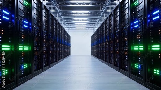 Modern data center server room with glowing blue digital light stream flowing through rack corridor
