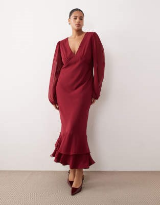 Lace & Beads Plus long sleeve ruffle hem maxi dress in raspberry | ASOS