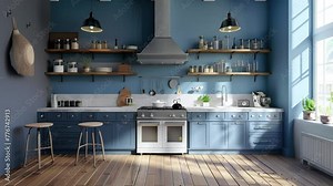 Interior of modern kitchen. 3d rendering of blue kitchen interior with white walls. Interior of modern kitchen with appliances and kitchen island. 4K Video