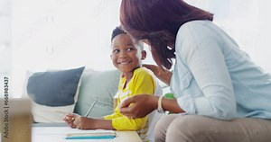 Mother, homework and help in home with school paper, child and studying together in living room. Learning, support and love of a mom and young kid with education notes in a lounge with conversation