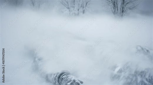 Man suffering from hypothermia lying motionless on cold snow.