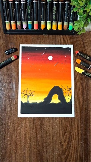 Aesthetic Red Orange Sunset & Desert Rock Art Tutorial 🏜️🌙 #shorts