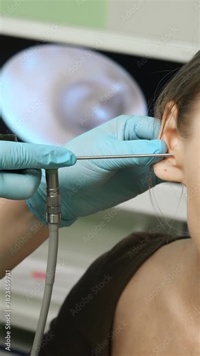 Close up of an ENT doctor performing an ear examination with an endoscope on a patient in a modern medical clinic, captured indoors during diagnostic procedure.