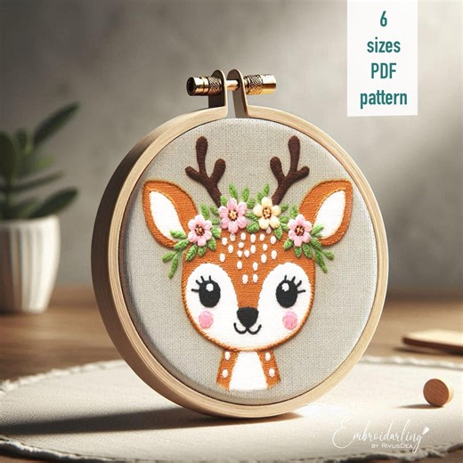 Cute Deer Hand Embroidery Pattern, Deer With Floral Wreath Design for Beginners. PDF Pattern Instant Digital Download. - Etsy