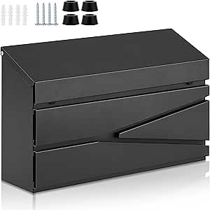 Yaocom Wall Mount Mailbox Large Capacity Mailbox for Outside Galvanized Steel Rustproof Metal Mail Drop Post Modern Black Collection Box Hanging Postbox 15.75" x 9.84" x 4.33" (No Keys Locking)