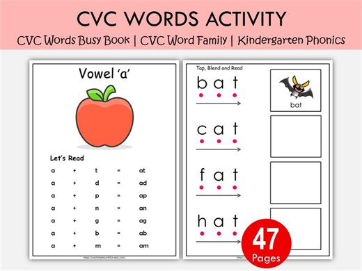 CVC Words Worksheets Printable | Phonics Blending & Segmenting Activities | CVC Reading Practice for Preschool Kindergarten - Etsy